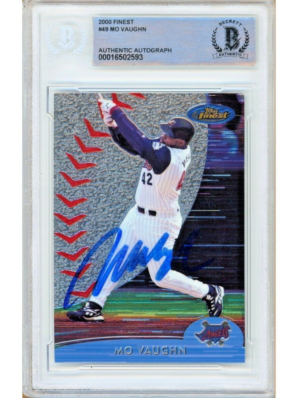 Mo Vaughn Signed 2000 Topps Finest #49 Anaheim Angels BAS Slab 1995 MVP Auto MLB